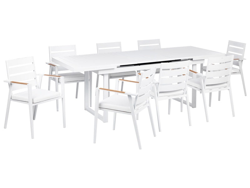 8 Seater Garden Dining Set White Aluminium Extending Table Chairs with Seating Pads Outdoor Beliani