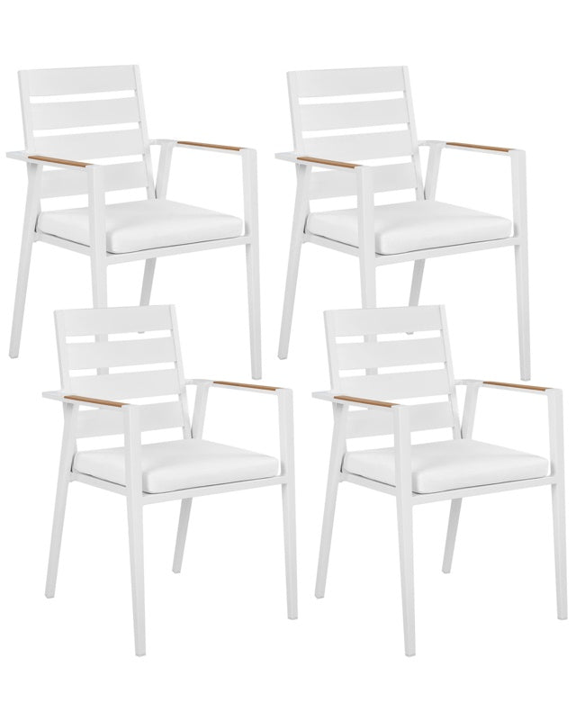 Set of 4 Garden Dining Chairs White Aluminium Frame with Seat Cushions Slatted Backrest Design Modern Beliani