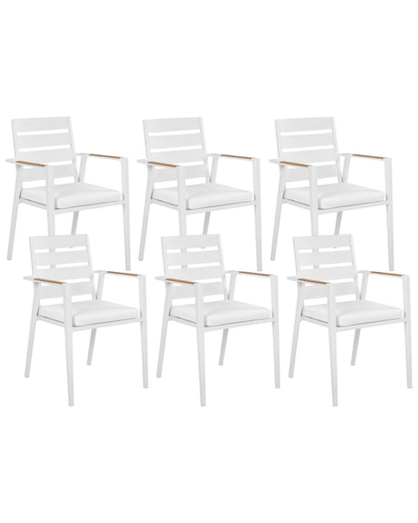 Set of 6 Garden Dining Chairs White Aluminium Frame with Seat Cushions Slatted Backrest Design Modern Beliani