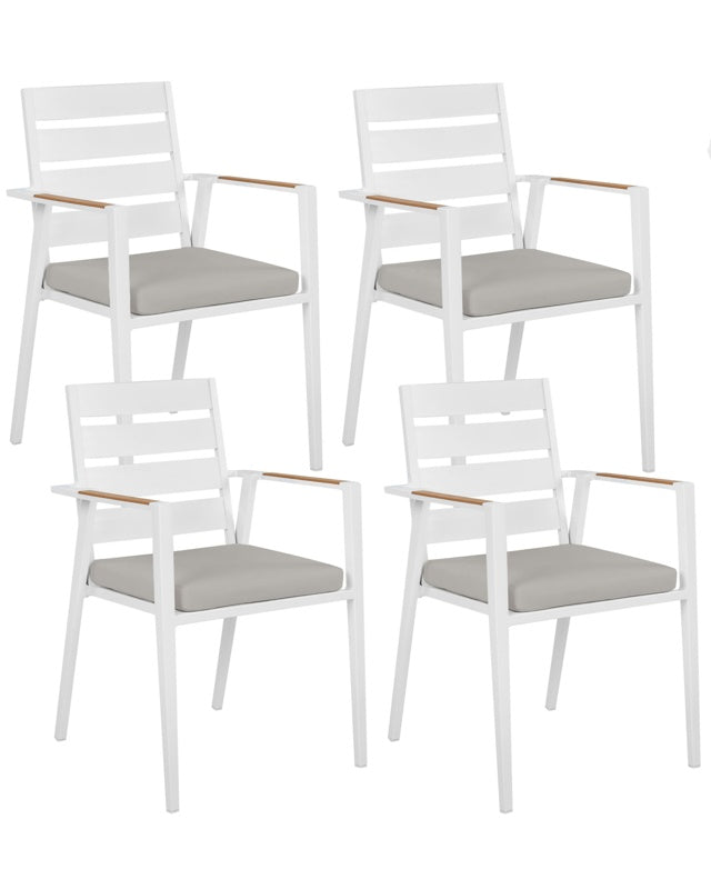 Set of 4 Garden Dining Chairs White Aluminium Frame with Grey Seat Cushions Slatted Backrest Design Modern Beliani