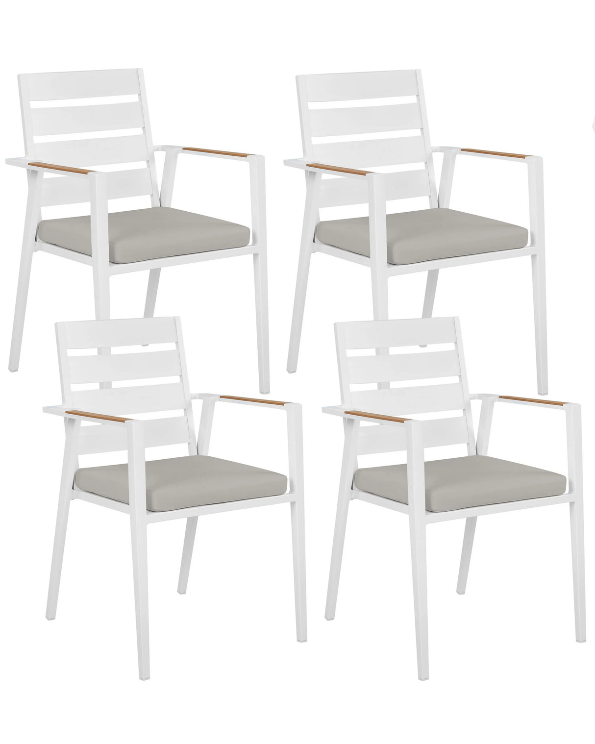 Set of 4 Garden Dining Chairs White Aluminium Frame with Grey Seat Cushions Slatted Backrest Design Modern Beliani