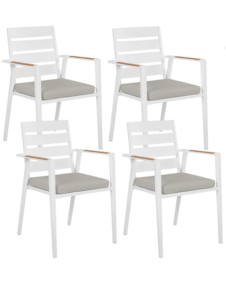Set of 4 Garden Dining Chairs White Aluminium Frame with Grey Seat Cushions Slatted Backrest Design Modern Beliani
