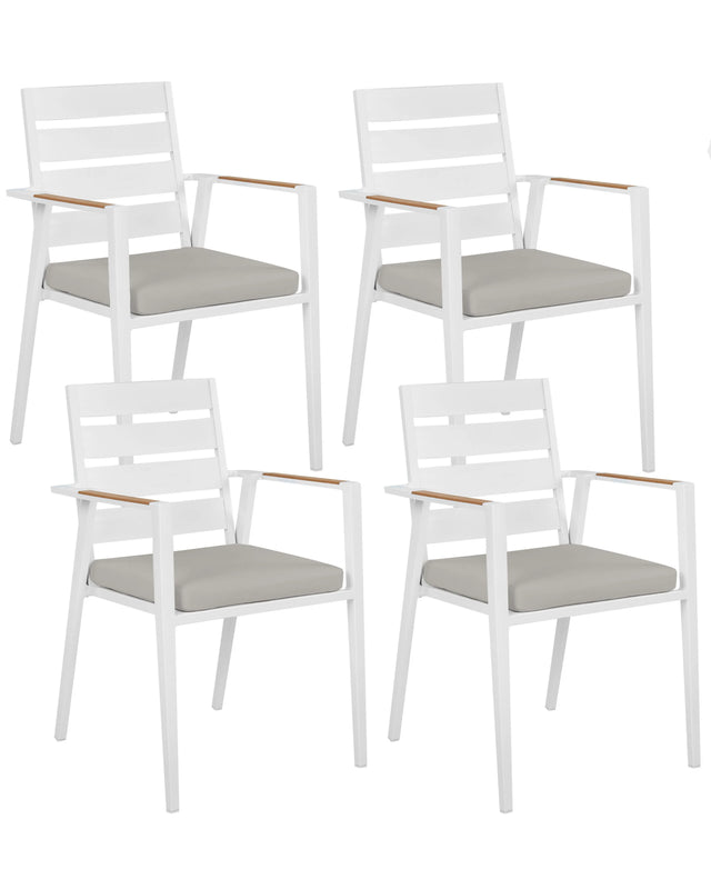 Set of 4 Garden Dining Chairs White Aluminium Frame with Grey Seat Cushions Slatted Backrest Design Modern Beliani
