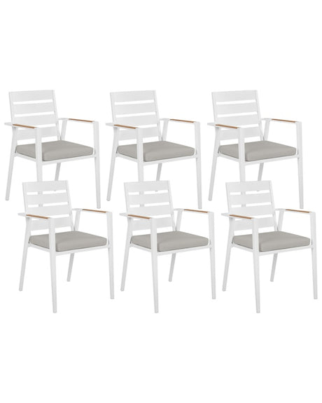 Set of 6 Garden Dining Chairs White Aluminium Frame with Grey Seat Cushions Slatted Backrest Design Modern Beliani