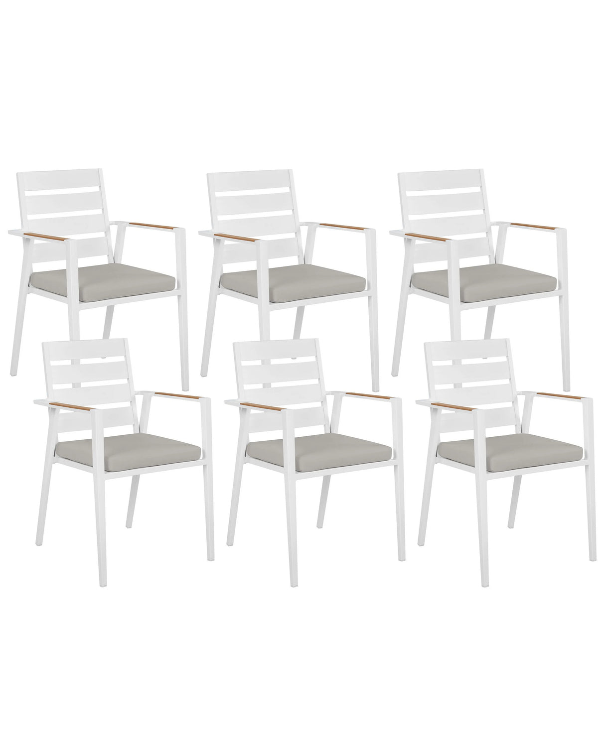 Set of 6 Garden Dining Chairs White Aluminium Frame with Grey Seat Cushions Slatted Backrest Design Modern Beliani