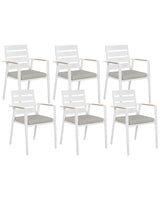 Set of 6 Garden Dining Chairs White Aluminium Frame with Grey Seat Cushions Slatted Backrest Design Modern Beliani