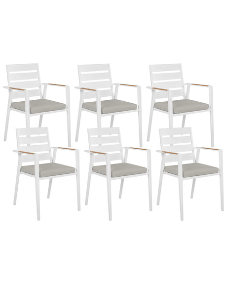 Set of 6 Garden Dining Chairs White Aluminium Frame with Grey Seat Cushions Slatted Backrest Design Modern Beliani
