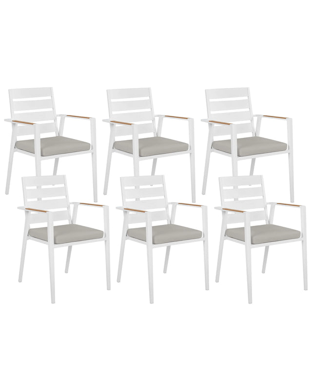 Set of 6 Garden Dining Chairs White Aluminium Frame with Grey Seat Cushions Slatted Backrest Design Modern Beliani
