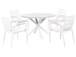 4 Seater Garden Dining Set White Aluminium Round Table with Taupe Ceramic Glass Top Slatted Chairs with White Seat Pad Cushions Beliani