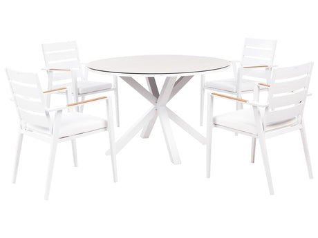 4 Seater Garden Dining Set White Aluminium Round Table with Taupe Ceramic Glass Top Slatted Chairs with White Seat Pad Cushions Beliani