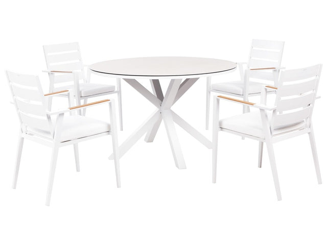 4 Seater Garden Dining Set White Aluminium Round Table with Taupe Ceramic Glass Top Slatted Chairs with White Seat Pad Cushions Beliani