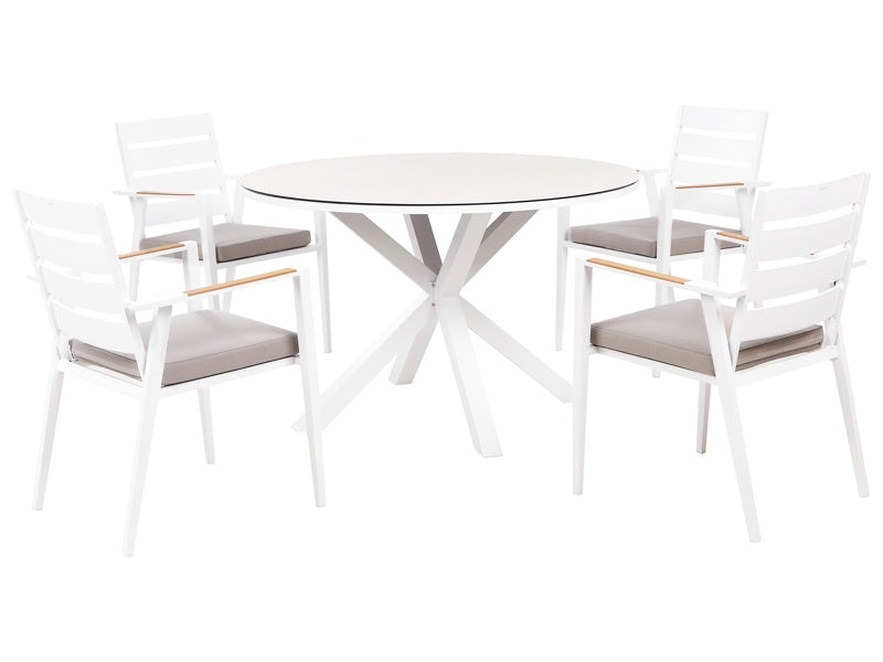 4 Seater Garden Dining Set White Aluminium Round Table with Taupe Ceramic Glass Top Slatted Chairs with Grey Seat Pad Cushions Beliani