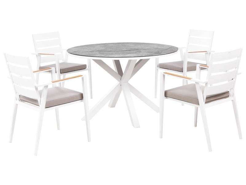 4 Seater Garden Dining Set White Aluminium Round Table with Marble Effect Ceramic Glass Top Slatted Chairs with Grey Seat Pad Cushions Beliani