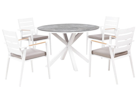 4 Seater Garden Dining Set White Aluminium Round Table with Marble Effect Ceramic Glass Top Slatted Chairs with Grey Seat Pad Cushions Beliani