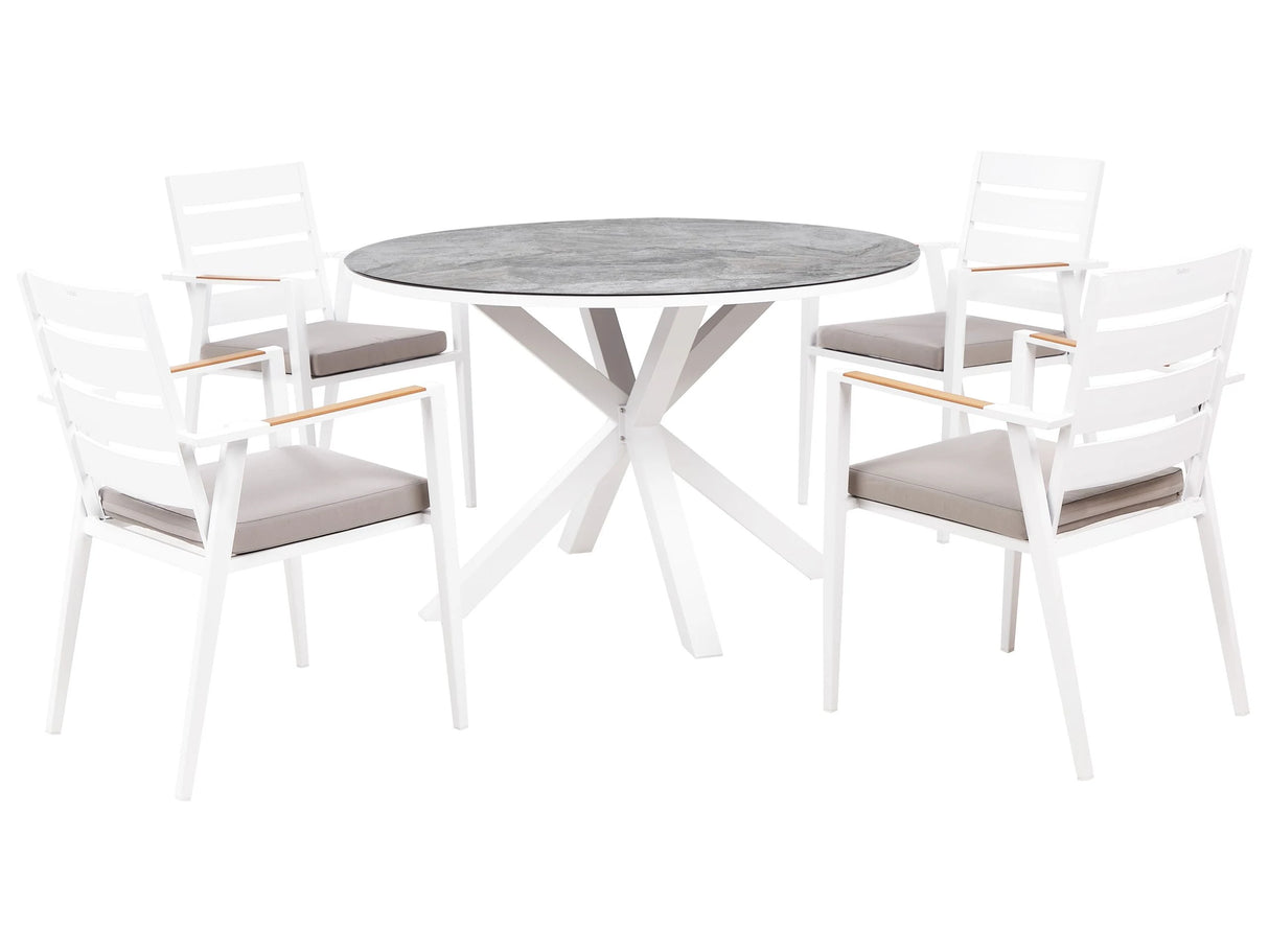 4 Seater Garden Dining Set White Aluminium Round Table with Marble Effect Ceramic Glass Top Slatted Chairs with Grey Seat Pad Cushions Beliani