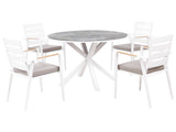 4 Seater Garden Dining Set White Aluminium Round Table with Marble Effect Ceramic Glass Top Slatted Chairs with Grey Seat Pad Cushions Beliani