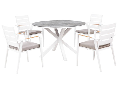 4 Seater Garden Dining Set White Aluminium Round Table with Marble Effect Ceramic Glass Top Slatted Chairs with Grey Seat Pad Cushions Beliani