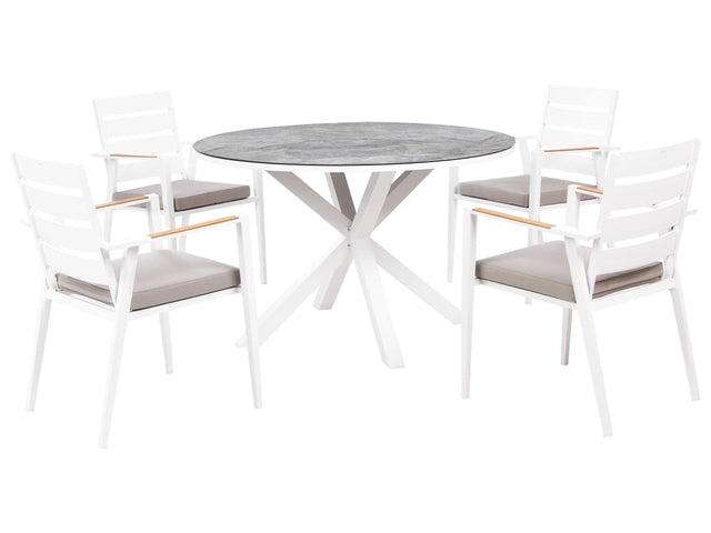 4 Seater Garden Dining Set White Aluminium Round Table with Marble Effect Ceramic Glass Top Slatted Chairs with Grey Seat Pad Cushions Beliani