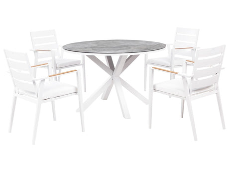 4 Seater Garden Dining Set White Aluminium Round Table with Marble Effect Ceramic Glass Top Slatted Chairs with White Seat Pad Cushions Beliani