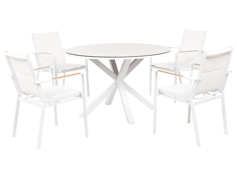 4 Seater Garden Dining Set White Aluminium Round Table with Taupe Ceramic Glass Top Slatted Chairs Modern Design Beliani