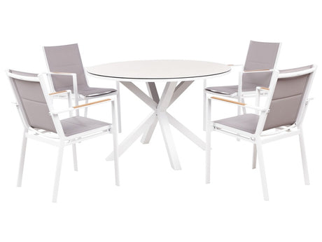 4 Seater Garden Dining Set Grey Aluminium Round Table with Taupe Ceramic Glass Top Slatted Chairs Modern Design Beliani