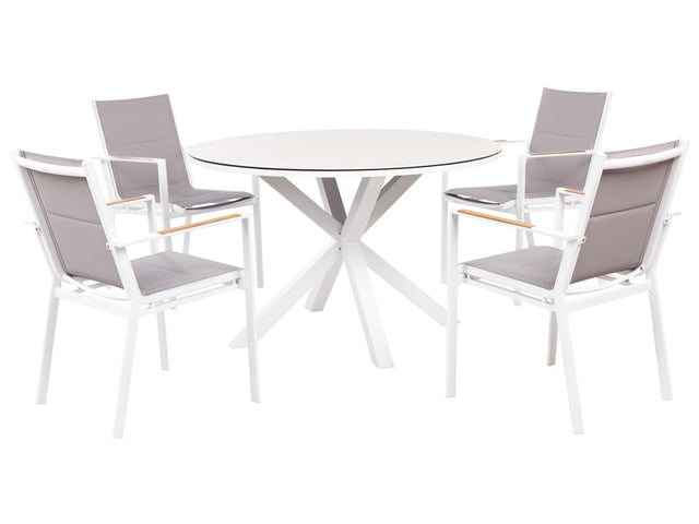 4 Seater Garden Dining Set Grey Aluminium Round Table with Taupe Ceramic Glass Top Slatted Chairs Modern Design Beliani