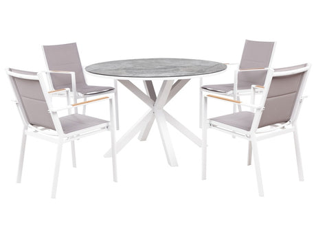 4 Seater Garden Dining Set Grey Aluminium Round Table with Marble Effect Ceramic Glass Top Slatted Chairs Modern Design Beliani