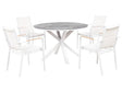 4 Seater Garden Dining Set White Aluminium Round Table with Marble Effect Ceramic Glass Top Slatted Chairs Modern Design Beliani