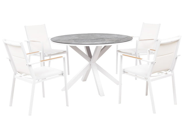 4 Seater Garden Dining Set White Aluminium Round Table with Marble Effect Ceramic Glass Top Slatted Chairs Modern Design Beliani