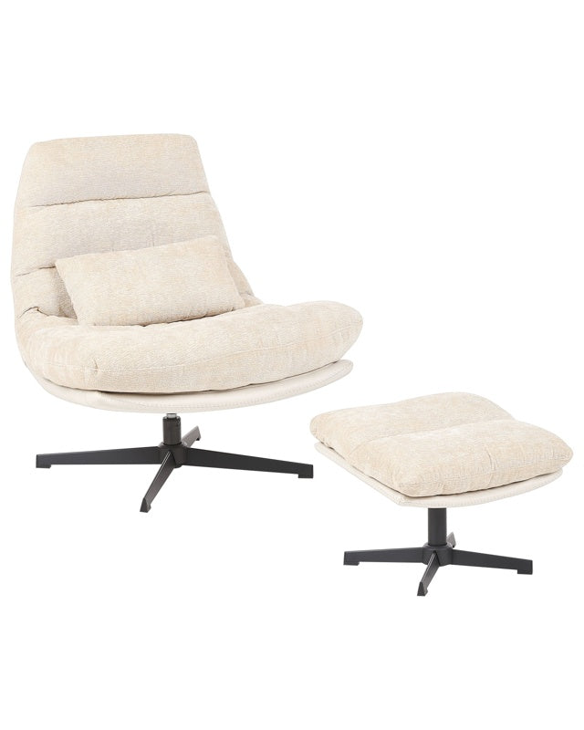 Swivel Armchair with Footstool Beige Chenille Single Base Cushioned Seat Beliani