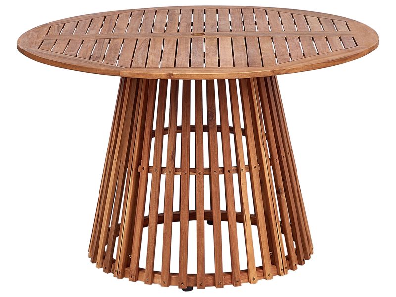 Garden Dining Table Light Wood Acacia Round Top 120 cm Slatted Design Indoor Outdoor Beliani