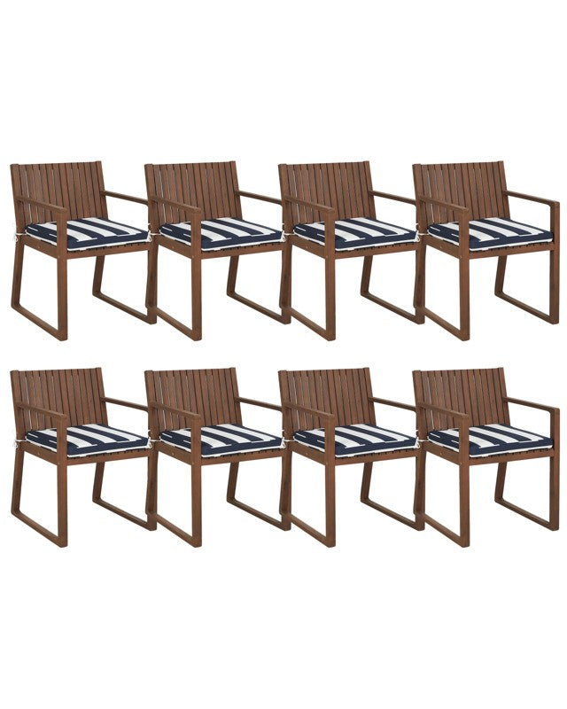 Set of 8 Garden Chairs Dark Acacia Wood 80 x 59 cm with Navy Blue White Cushions Rustic Style Beliani