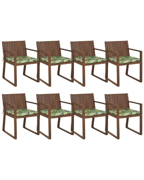 Set of 8 Garden Chairs Dark Acacia Wood 80 x 59 cm with Green Leaf Pattern Cushions Rustic Style Beliani