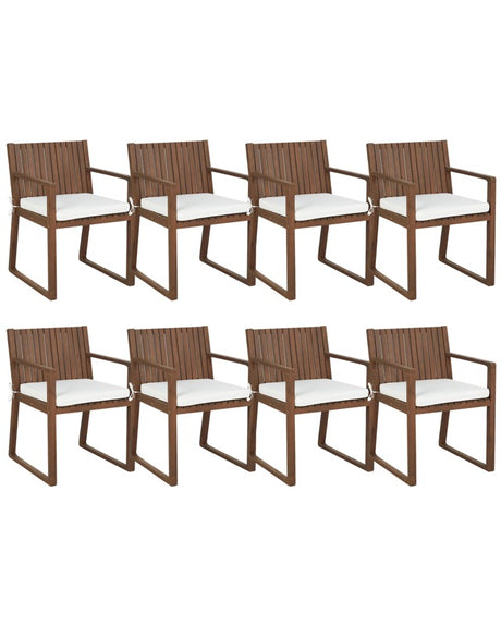 Set of 8 Garden Chairs Dark Acacia Wood 80 x 59 cm with Off-White Cushions Rustic Style Beliani