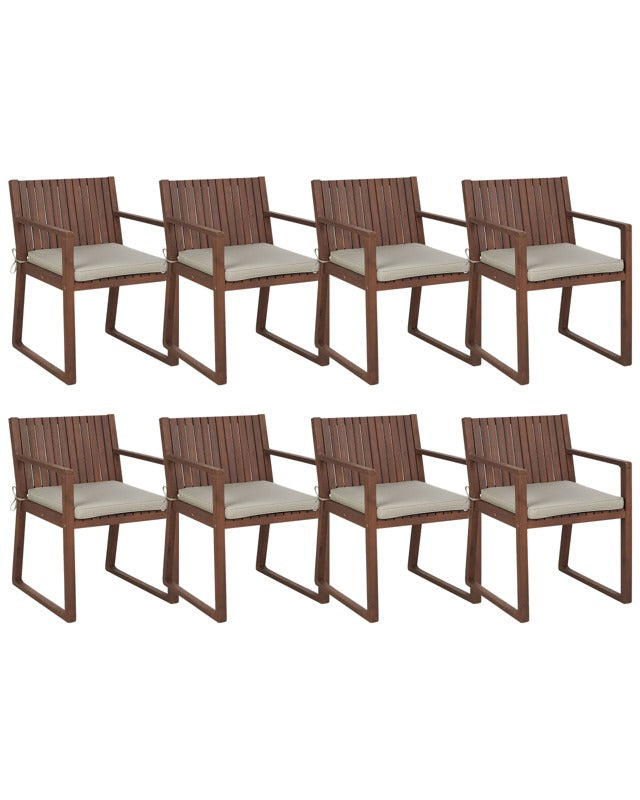 Set of 8 Garden Chairs Dark Acacia Wood 80 x 59 cm with Taupe Cushions Rustic Style Beliani