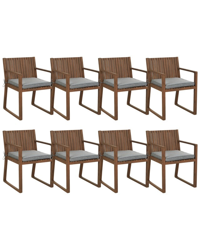 Set of 8 Garden Chairs Dark Acacia Wood 80 x 59 cm with Grey Cushions Rustic Style Beliani