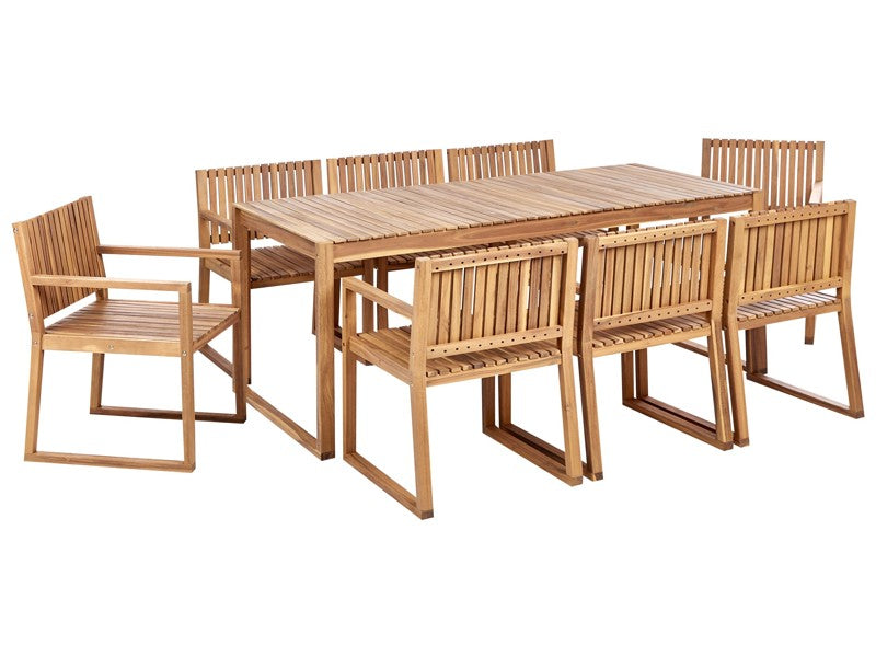 Garden Dining Set Light Certified Acacia Wood Table 8 Chairs Rustic Style Beliani