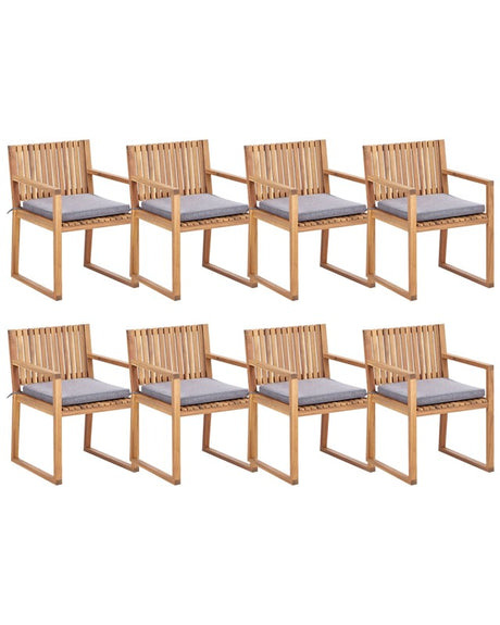 Set of 8 Garden Dining Chairs Light Certified Acacia Wood with Grey Cushions 54 x 59 x 80 cm Rustic Style Beliani