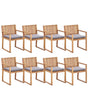 Set of 8 Garden Dining Chairs Light Certified Acacia Wood with Grey Cushions 54 x 59 x 80 cm Rustic Style Beliani