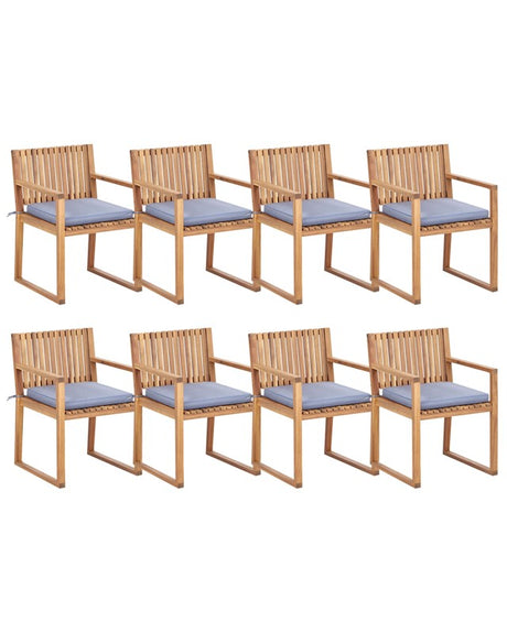 Set of 8 Garden Dining Chairs Light Certified Acacia Wood with Blue Cushions 54 x 59 x 80 cm Rustic Style Beliani