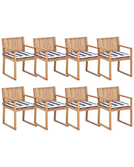 Set of 8 Garden Dining Chairs Light Certified Acacia Wood with Navy Blue and White Cushions 54 x 59 x 80 cm Rustic Style Beliani