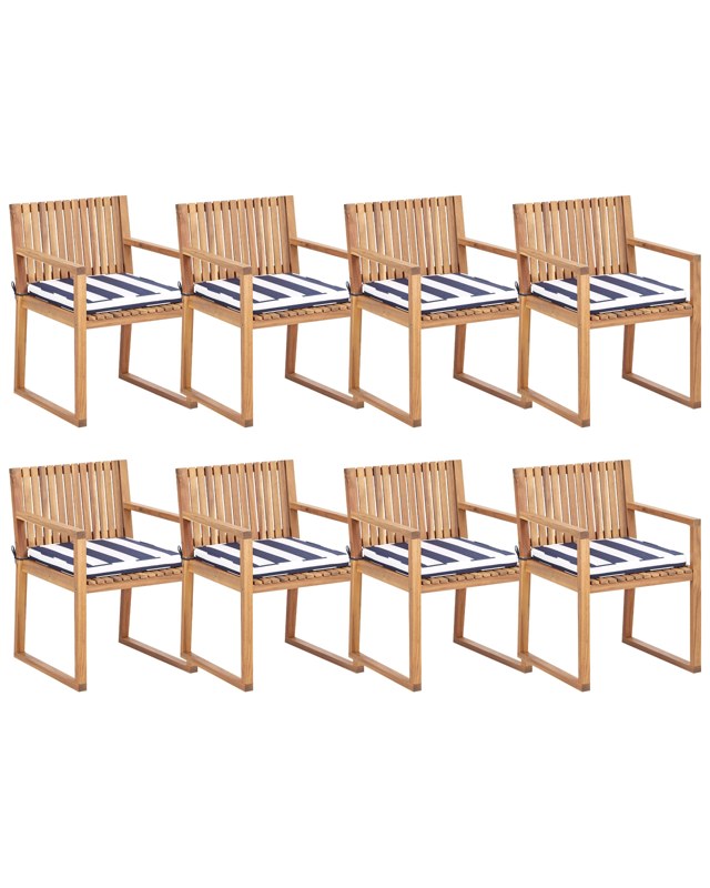 Set of 8 Garden Dining Chairs Light Certified Acacia Wood with Navy Blue and White Cushions 54 x 59 x 80 cm Rustic Style Beliani