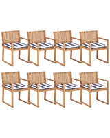 Set of 8 Garden Dining Chairs Light Certified Acacia Wood with Navy Blue and White Cushions 54 x 59 x 80 cm Rustic Style Beliani