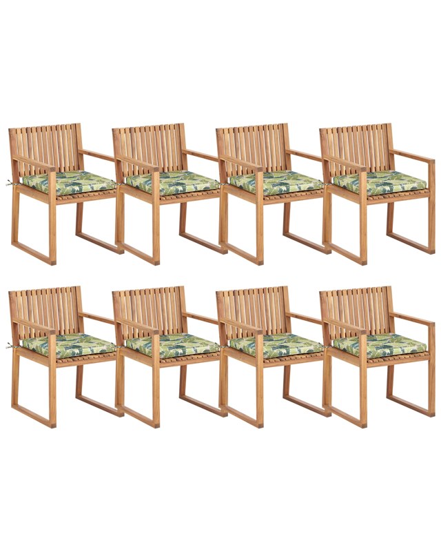 Set of 8 Garden Dining Chairs Light Certified Acacia Wood with Leaf Pattern Green Cushions 54 x 59 x 80 cm Rustic Style Beliani