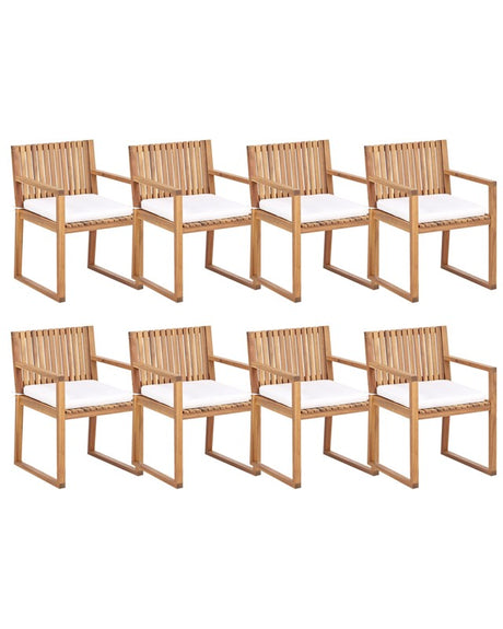 Set of 8 Garden Dining Chairs Light Certified Acacia Wood with Off-White Cushions 54 x 59 x 80 cm Rustic Style Beliani