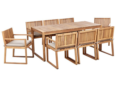 Garden Dining Set Light Certified Acacia Wood Table 8 Chairs with Taupe Cushions Outdoor Rustic Style Beliani