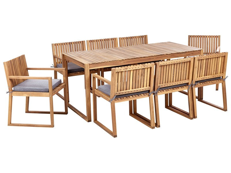 Garden Dining Set Light Certified Acacia Wood Table 8 Chairs with Grey Cushions Outdoor Rustic Style Beliani