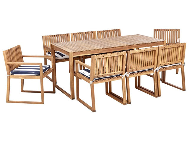 Garden Dining Set Light Certified Acacia Wood Table 8 Chairs with Navy Blue and White Cushions Outdoor Rustic Style Beliani