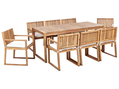 Garden Dining Set Light Certified Acacia Wood Table 8 Chairs with Off-White Cushions Outdoor Rustic Style Beliani