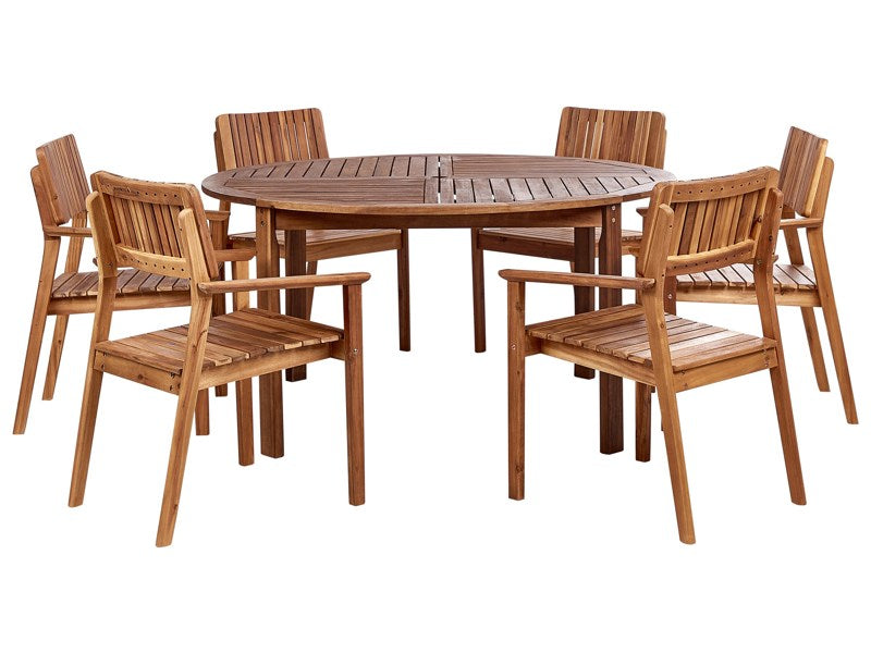 Garden Dining Set 7 Pieces Acacia Wood Round Table 6 Chairs Outdoor Beliani